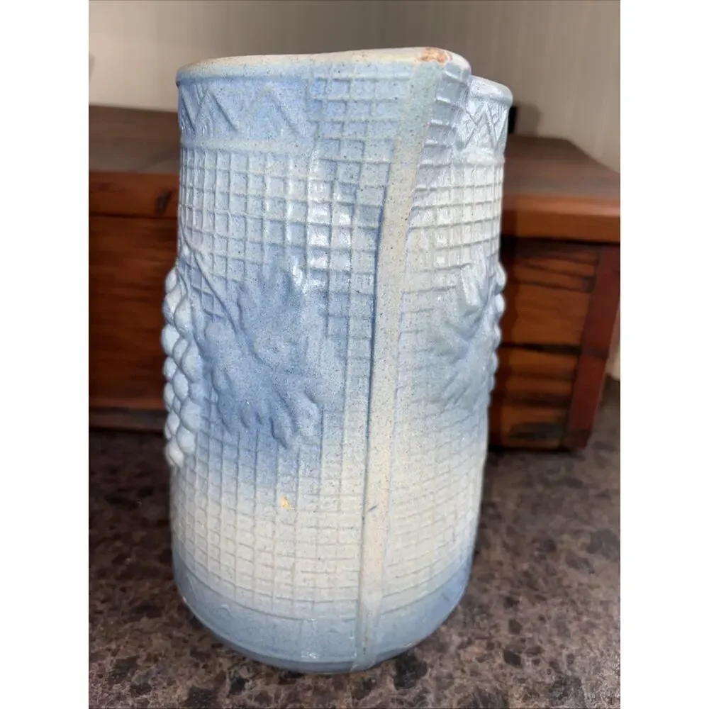 Antique Brush McCoy Salt Glazed Stoneware Pitcher w/ Blue Grape & Lattice